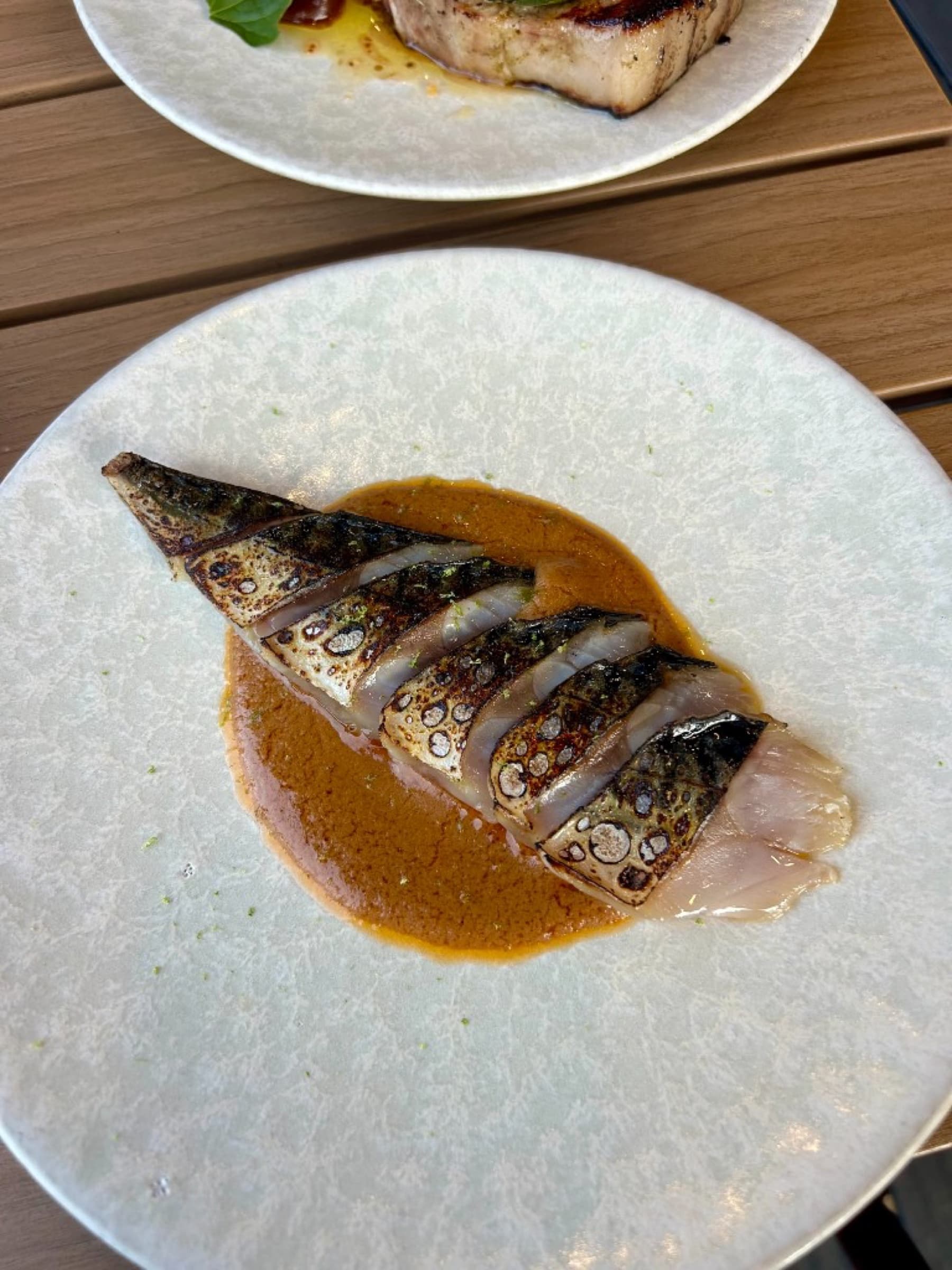 Blow-torched North Sea mackerel with sunflower seed satay