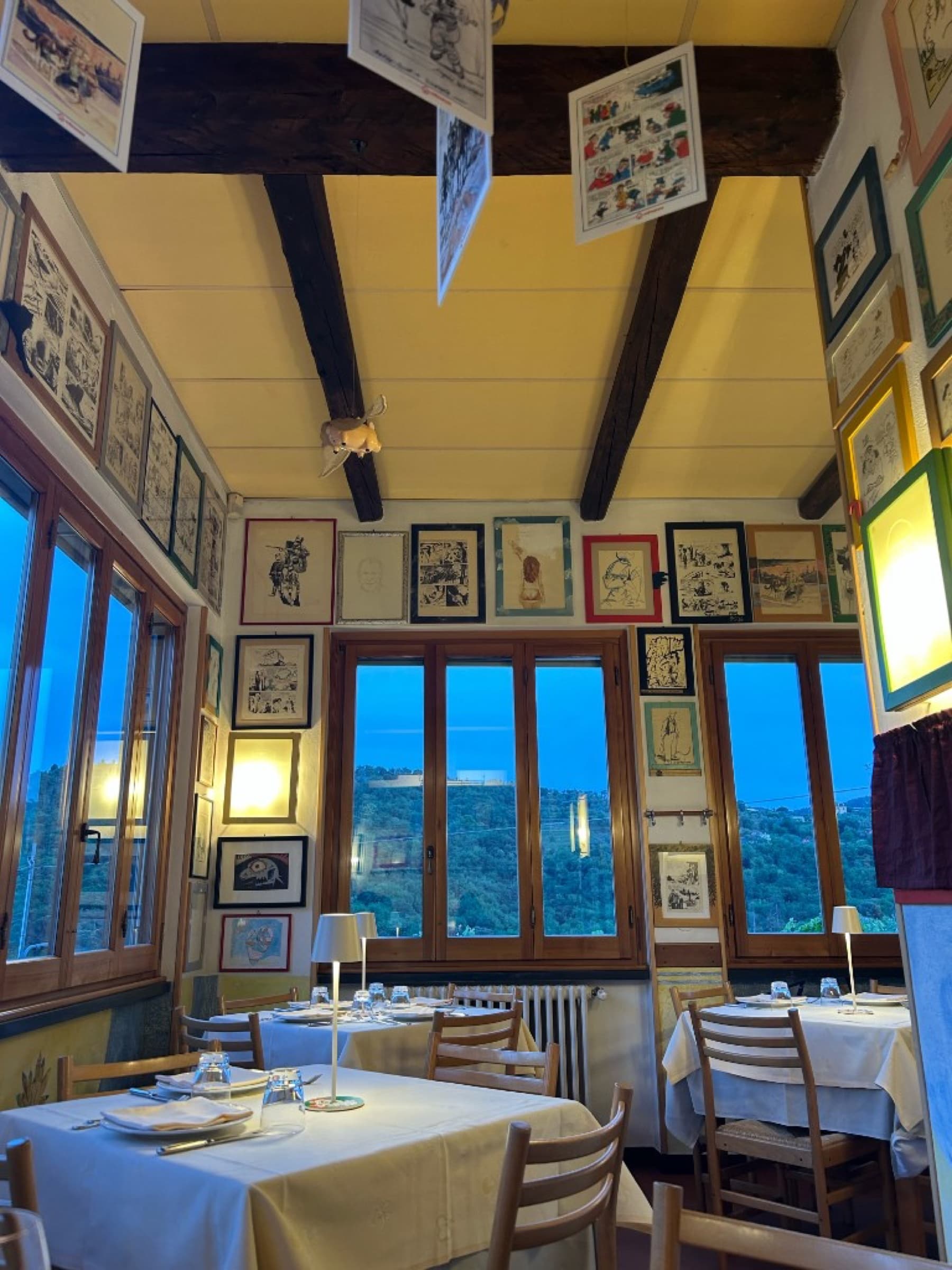 The dining room at U Giancu, looking out over the Ligurian hills